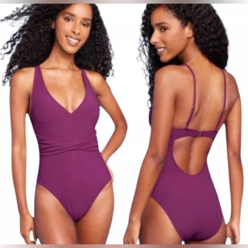 *NWT* Shade & Shore Women's Purple Ribbed Plunge Twist-Front One Piece Swimsuit